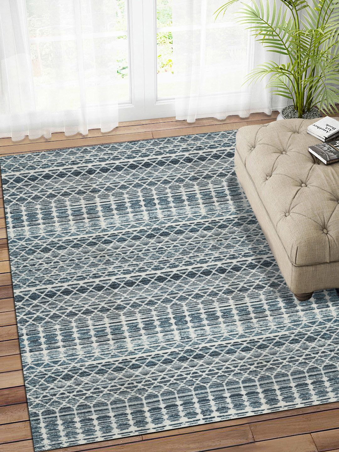 Status Blue & Grey-Melange Geometric Print Anti-Skid Carpet Price in India