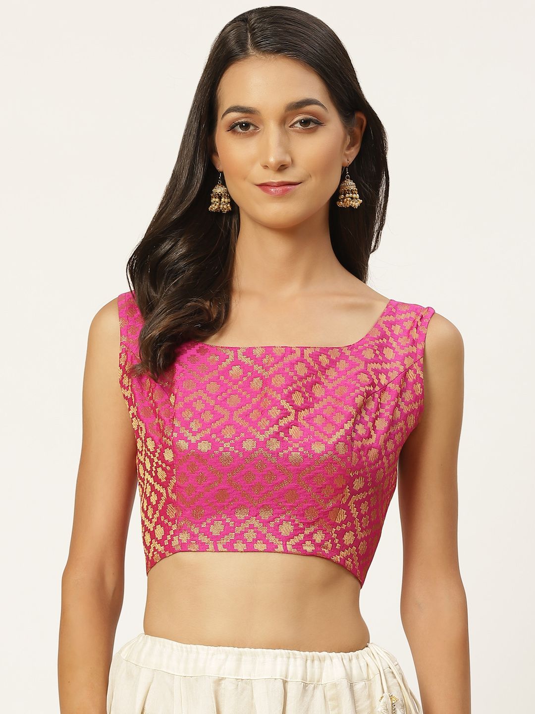 Studio Shringaar Women Pink & Golden Woven Design Brocade Saree Blouse Price in India
