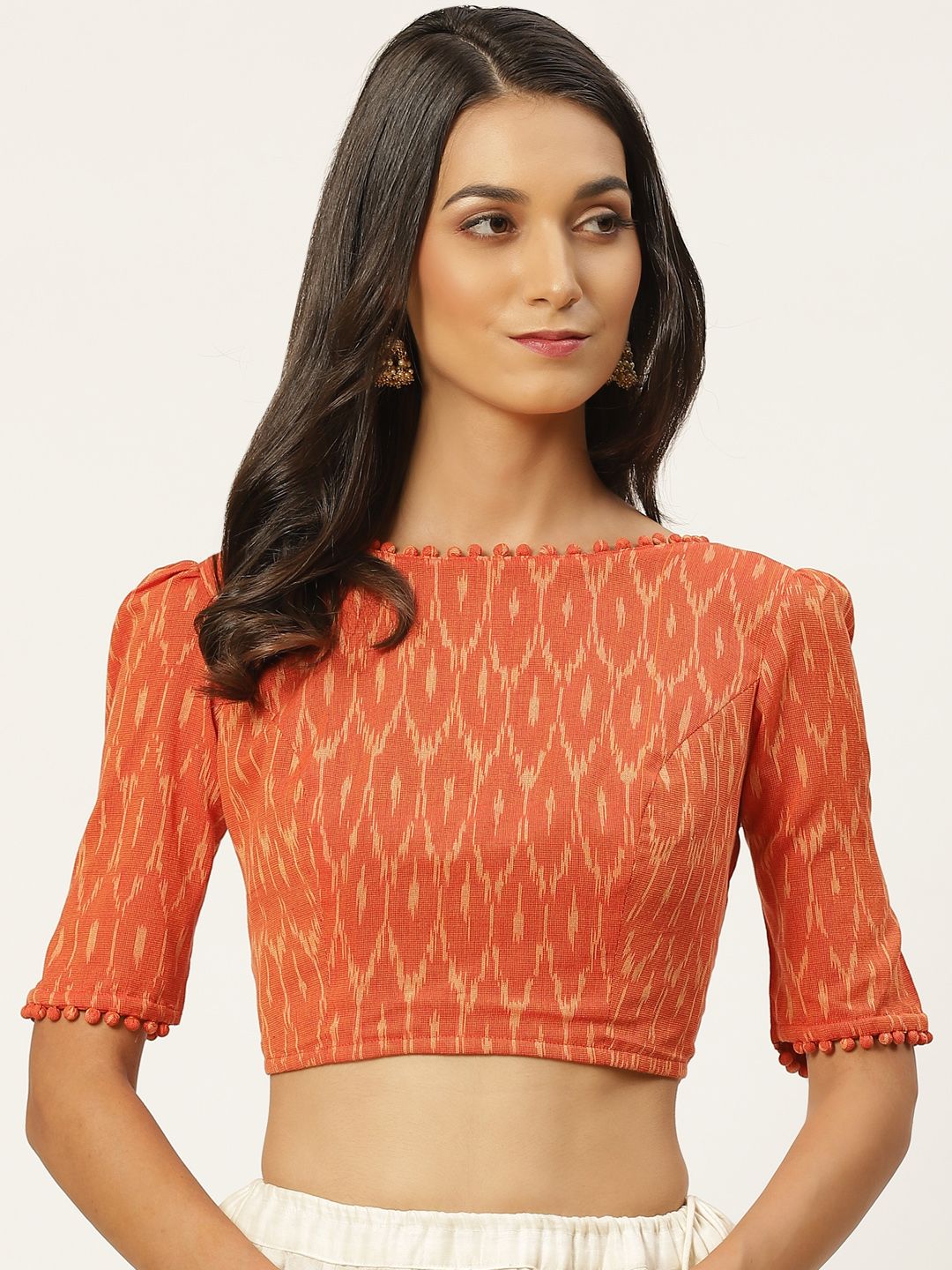 Studio Shringaar Women Orange Ikat Printed Pure Cotton Saree Blouse With Pom Pom Details Price in India