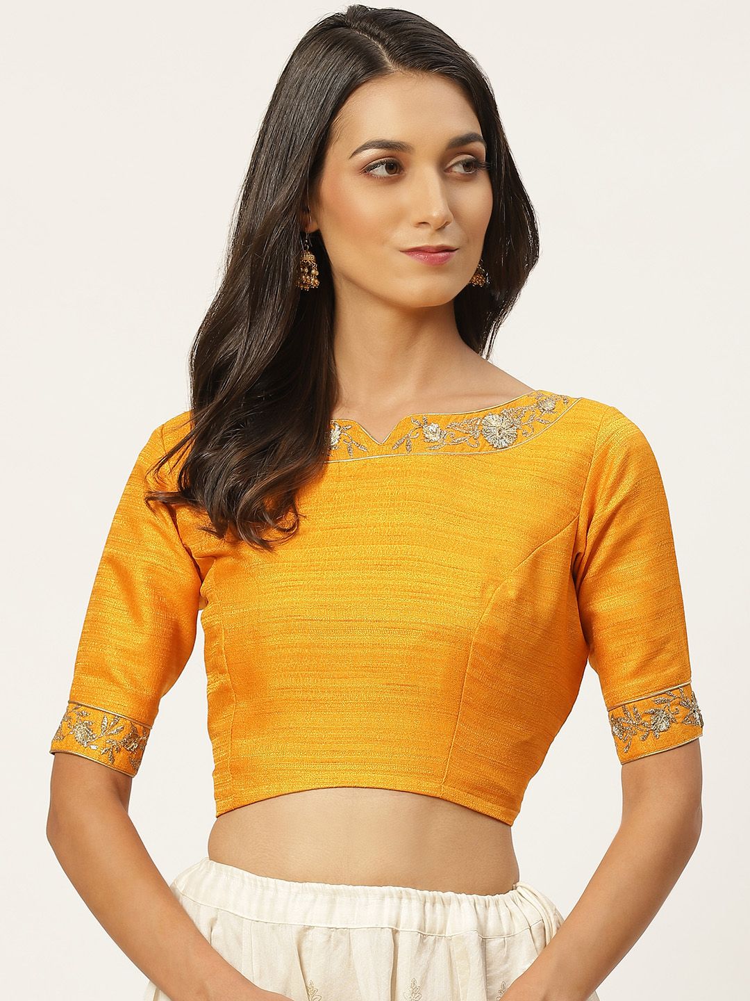 Studio Shringaar Women Mustard & Golden Solid Stitched Blouse with Embroidered Detail Price in India