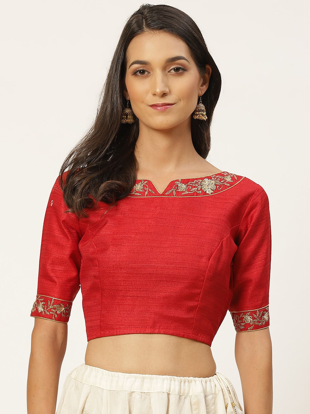 Studio Shringaar Women Red & Golden Solid Stitched Saree Blouse With Embroidered Detail Price in India