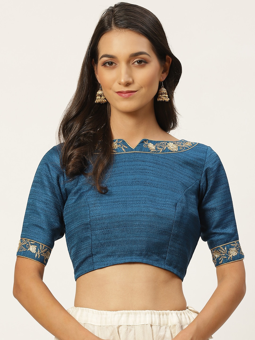 Studio Shringaar Women Blue & Golden Solid Blouse With Embroidered Detail Price in India