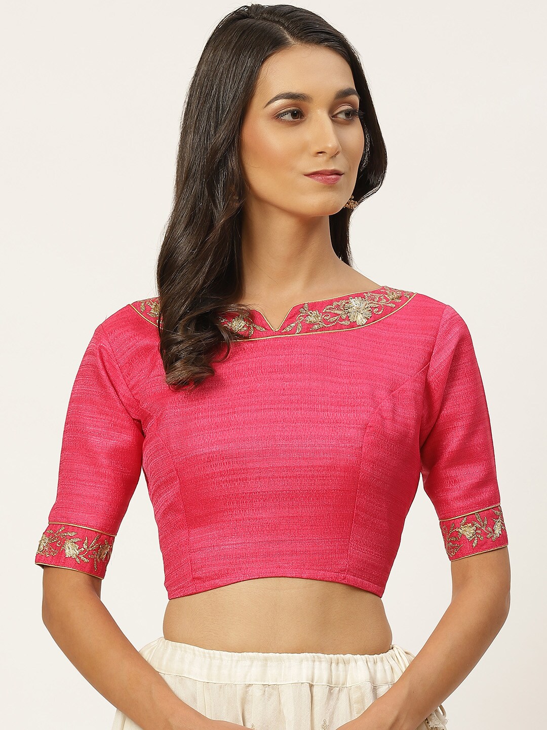 Studio Shringaar Women Pink & Golden Solid Stitched Saree Blouse With Embroidered Detail Price in India