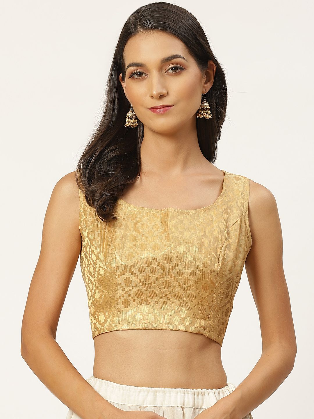 Studio Shringaar Women Golden Woven Design Brocade Stitched Sleeveless Saree Blouse Price in India