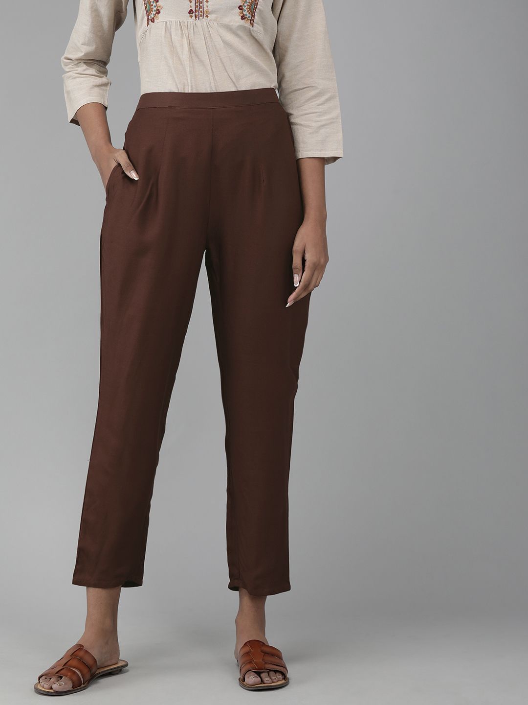 Indo Era Women Brown Solid Straight Cropped Palazzos Price in India