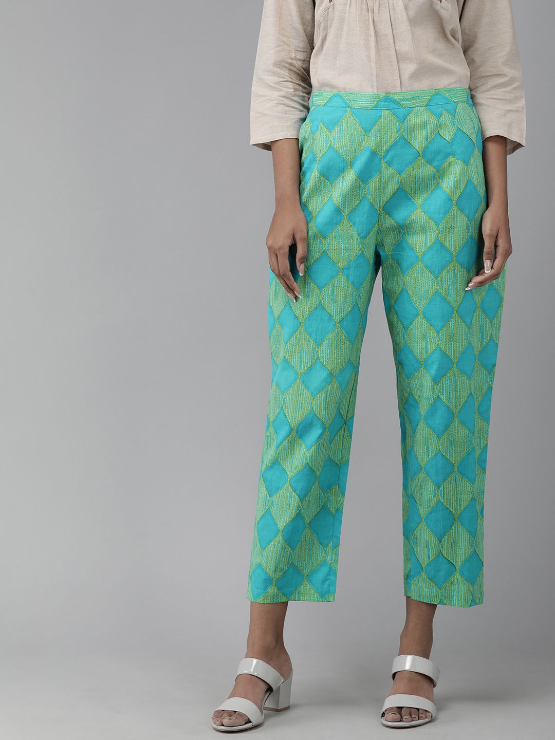 Indo Era Women Green & Turquoise Blue Printed Straight Cropped Palazzos Price in India