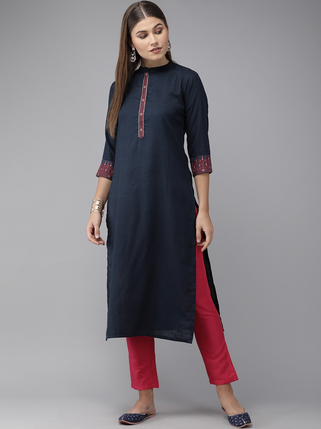 Indo Era Women Navy Blue & Red Pure Cotton Embroidered Detail Straight Kurta Price in India