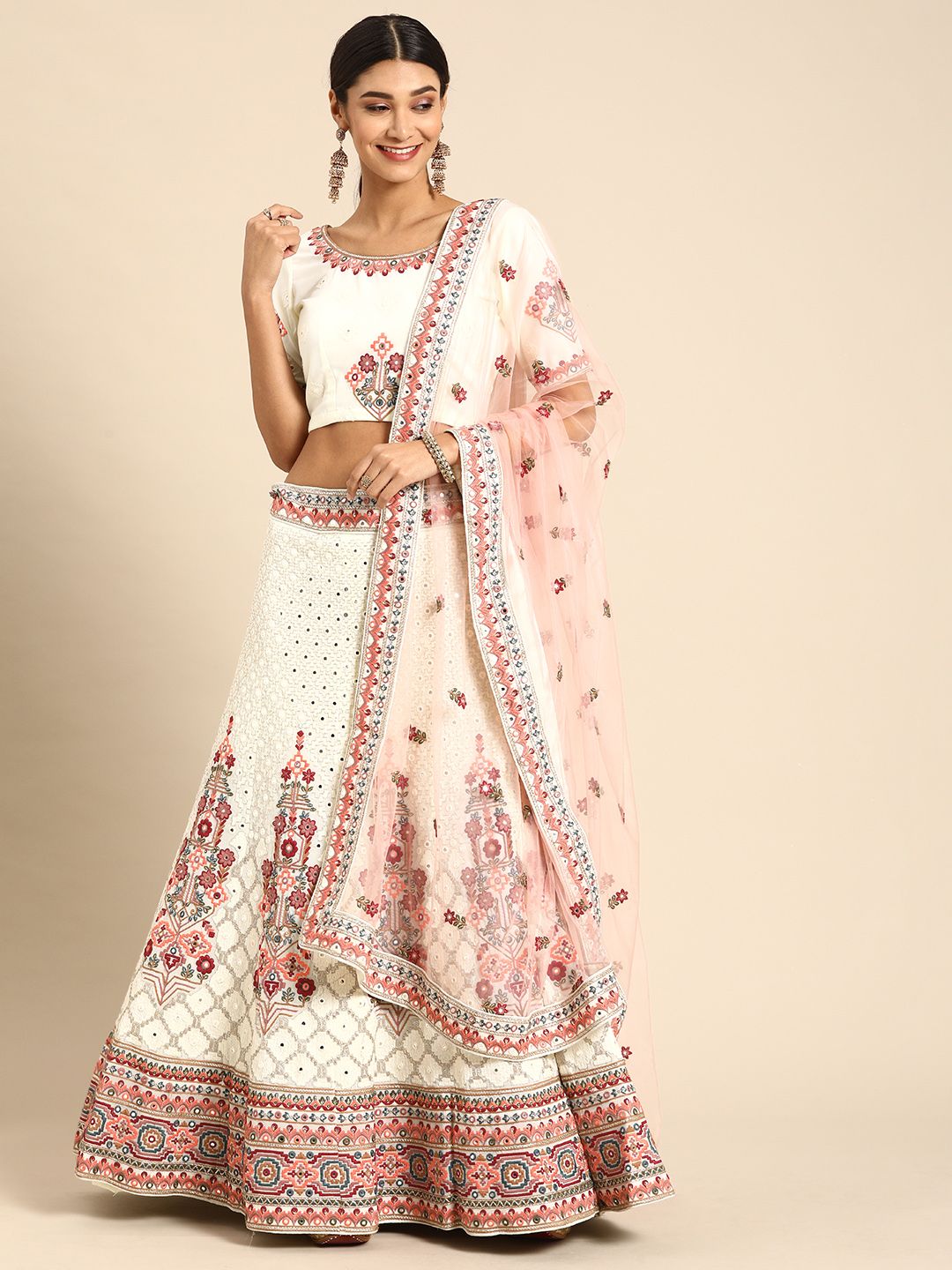 Shaily Off-White & Maroon Embroidered Semi-Stitched Lehenga & Unstitched Blouse with Dupatta