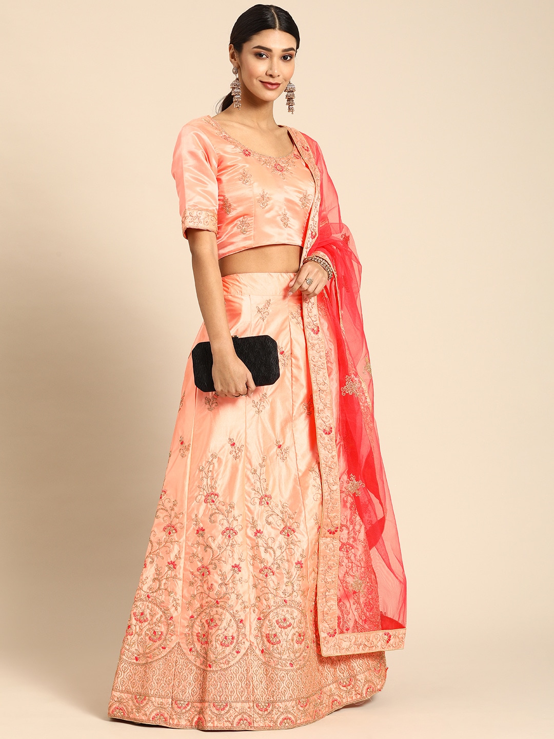 Shaily Peach-Coloured & Golden Semi-Stitched Embroidered Lehenga & Blouse with Dupatta Price in India