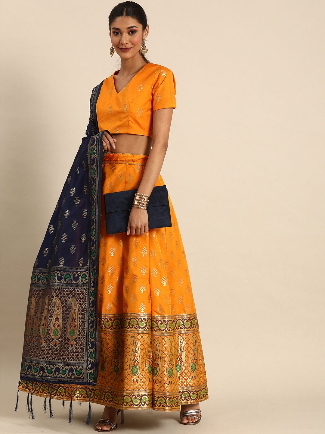 Shaily Mustard Yellow Woven Design Semi-Stitched Lehenga & Unstitched Blouse with Dupatta