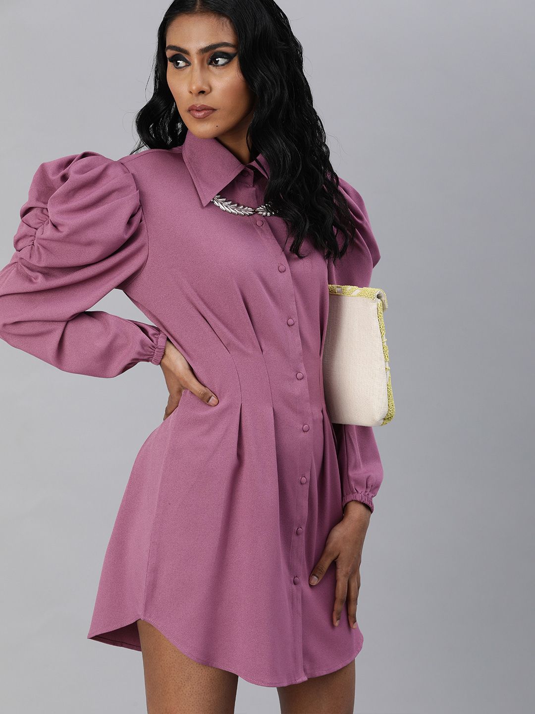 KASSUALLY Women Purple Solid Pleated Power Shoulder Shirt Dress Price in India
