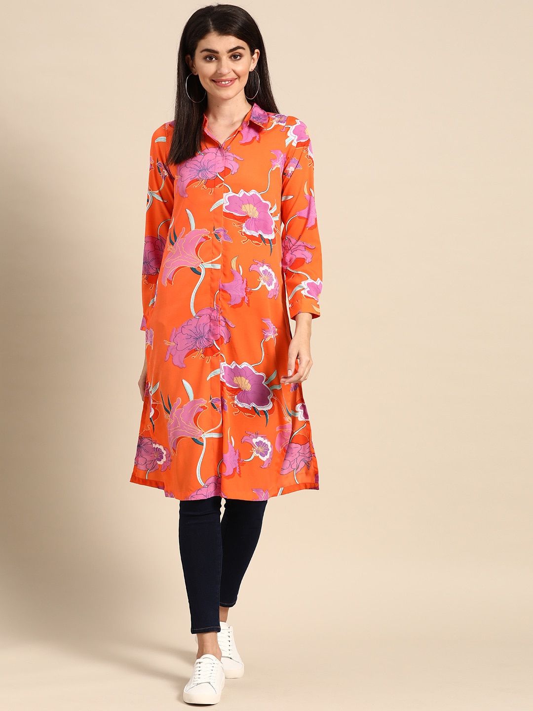 Prakrti Women Orange & Purple Digital Floral Floral Printed Tunic Price in India