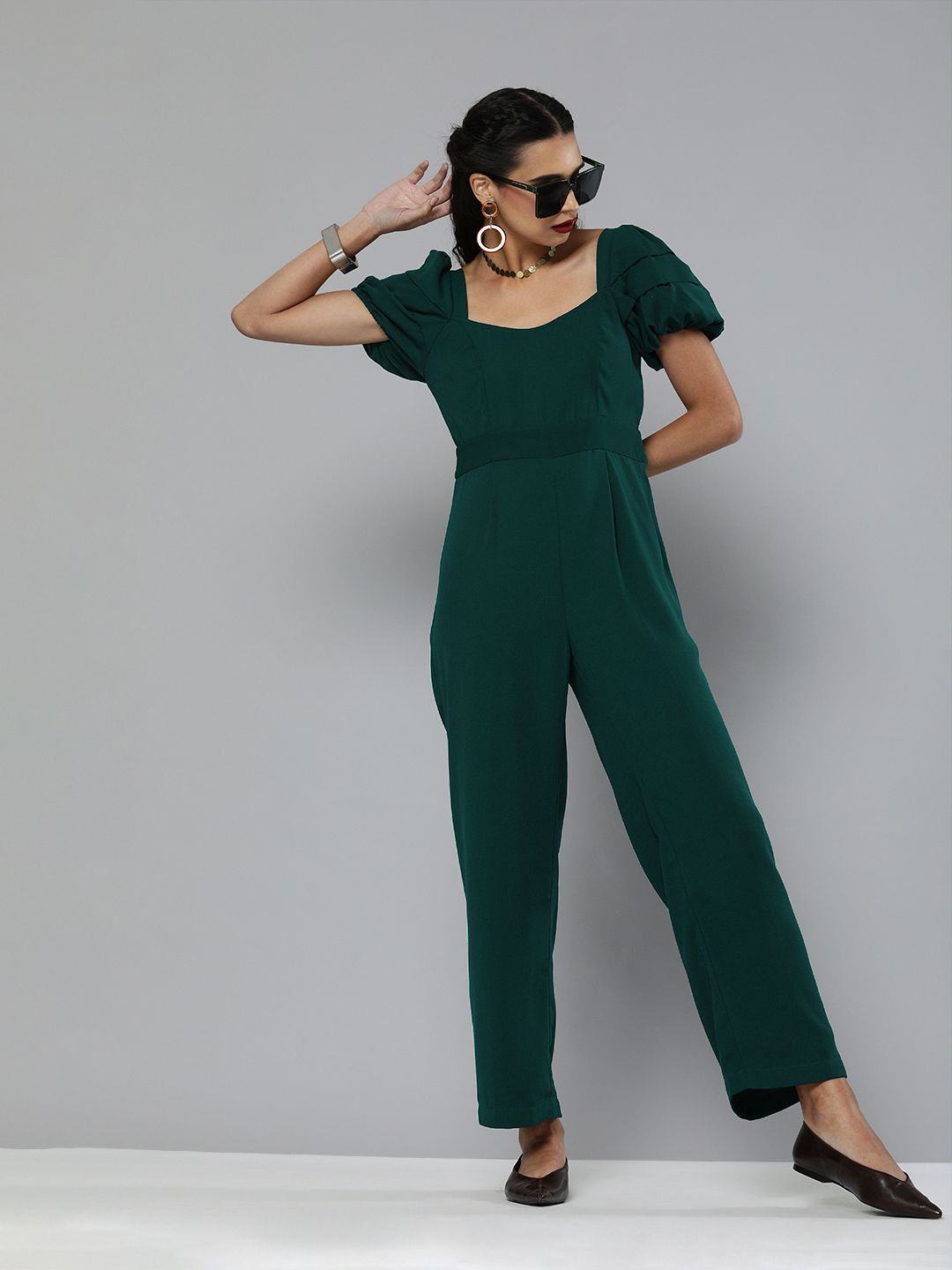 MAGRE Women Green Solid Power Shoulder Basic Jumpsuit Price in India