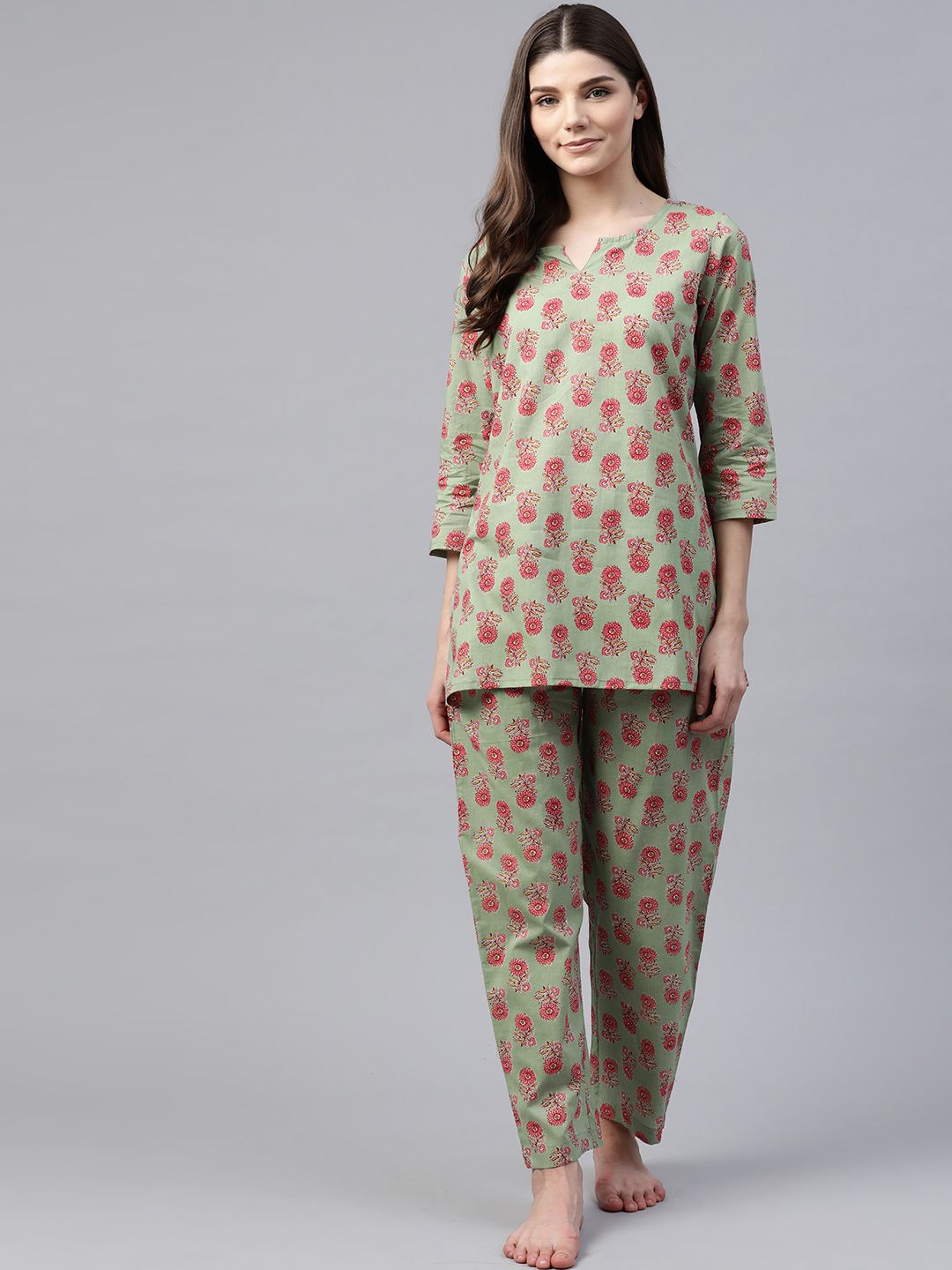 Divena Women Green & Coral Pink Pure Cotton Printed Night suit Price in India