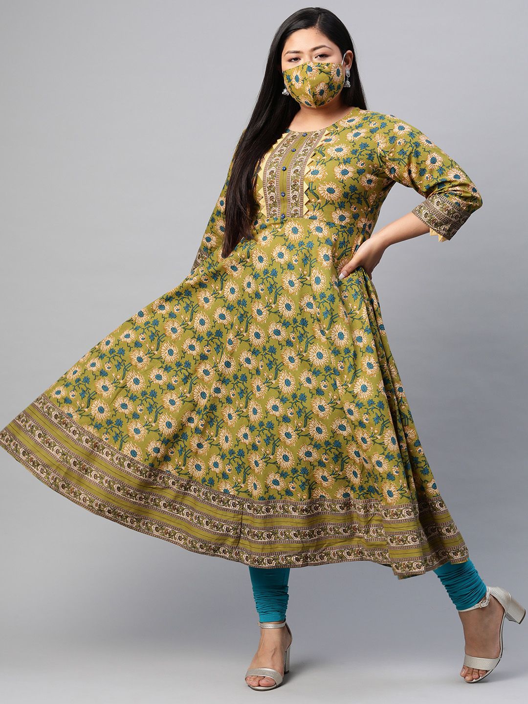 YASH GALLERY Women Plus Size Olive Green  Beige Printed Anarkali Kurta Price in India