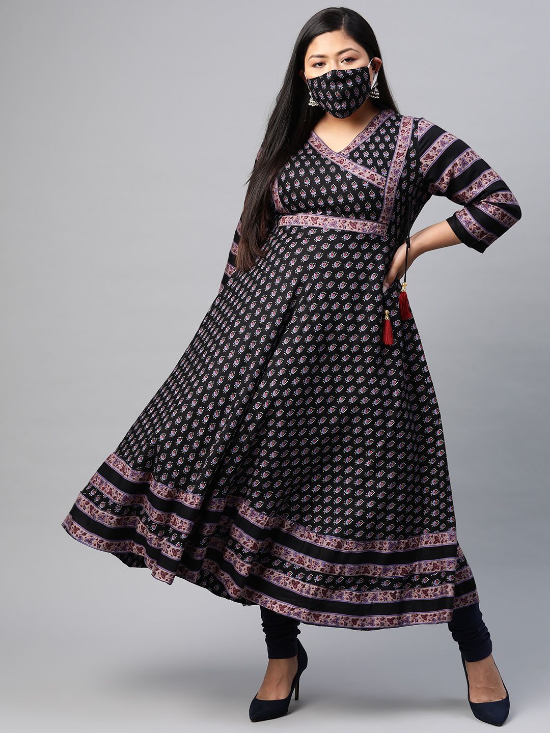 YASH GALLERY Women Plus Size Black  Blue Printed Angrakha Anarkali Kurta Price in India