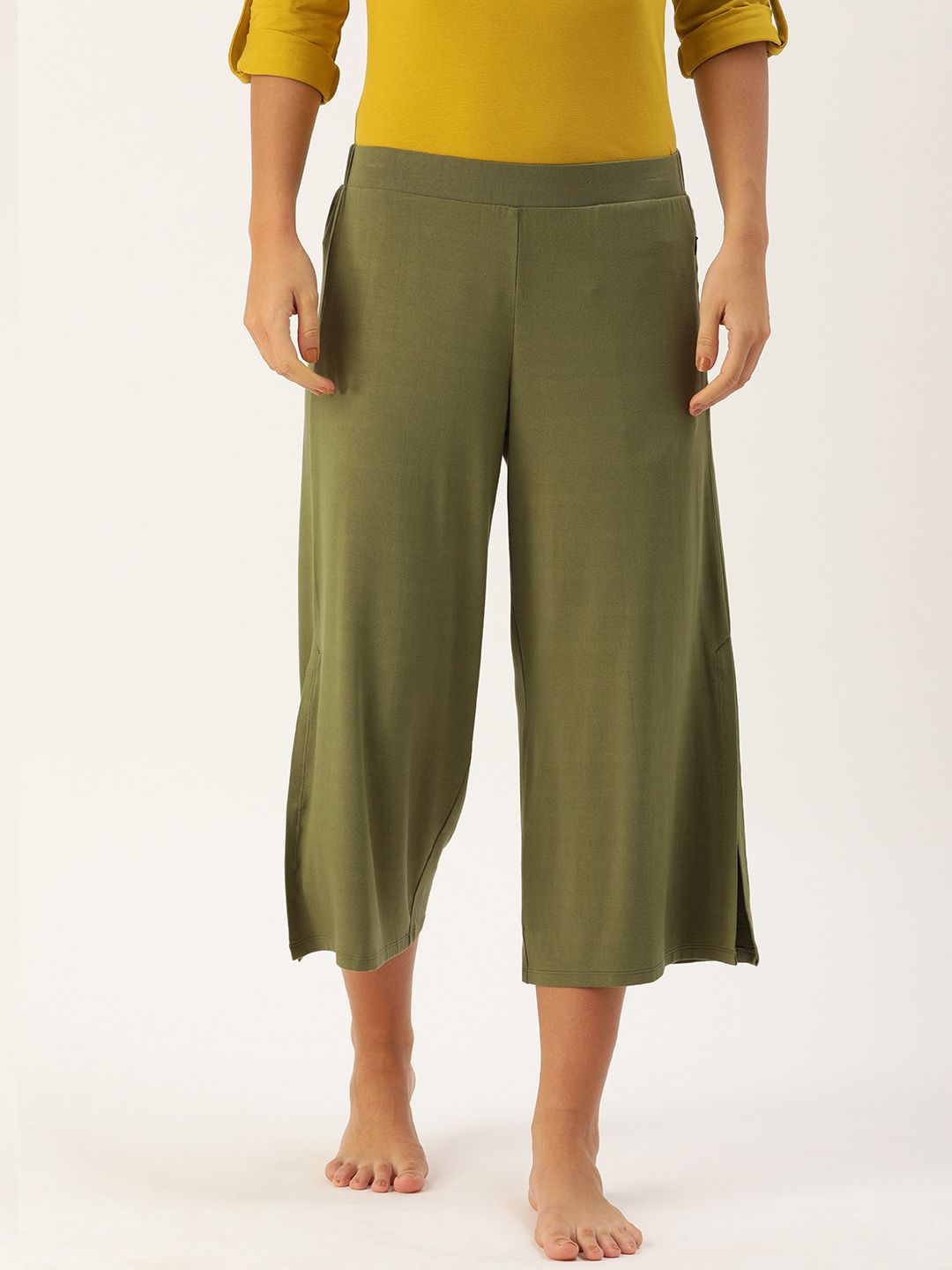 Enamor Women Olive Green Solid Essentials E064 Relaxed Fit Jersey Crop Lounge Pants Price in India