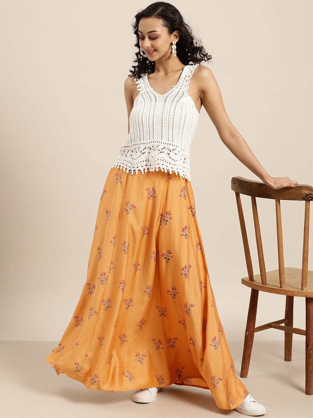 Sangria Women Mustard Yellow & Brown Ethnic Print Flared Maxi Skirt