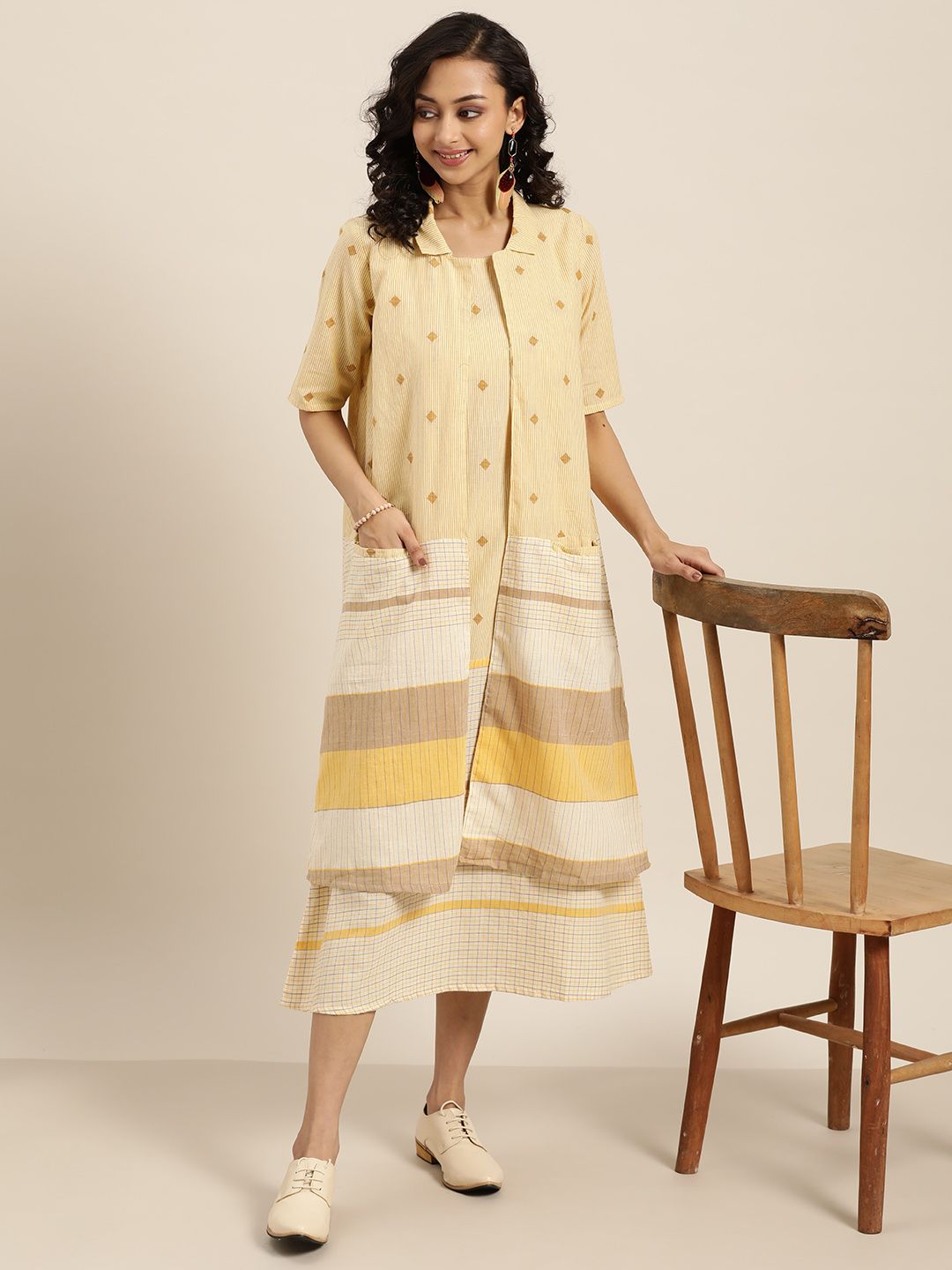 Sangria Women Yellow & Brown Pure Cotton Striped A-Line Dress