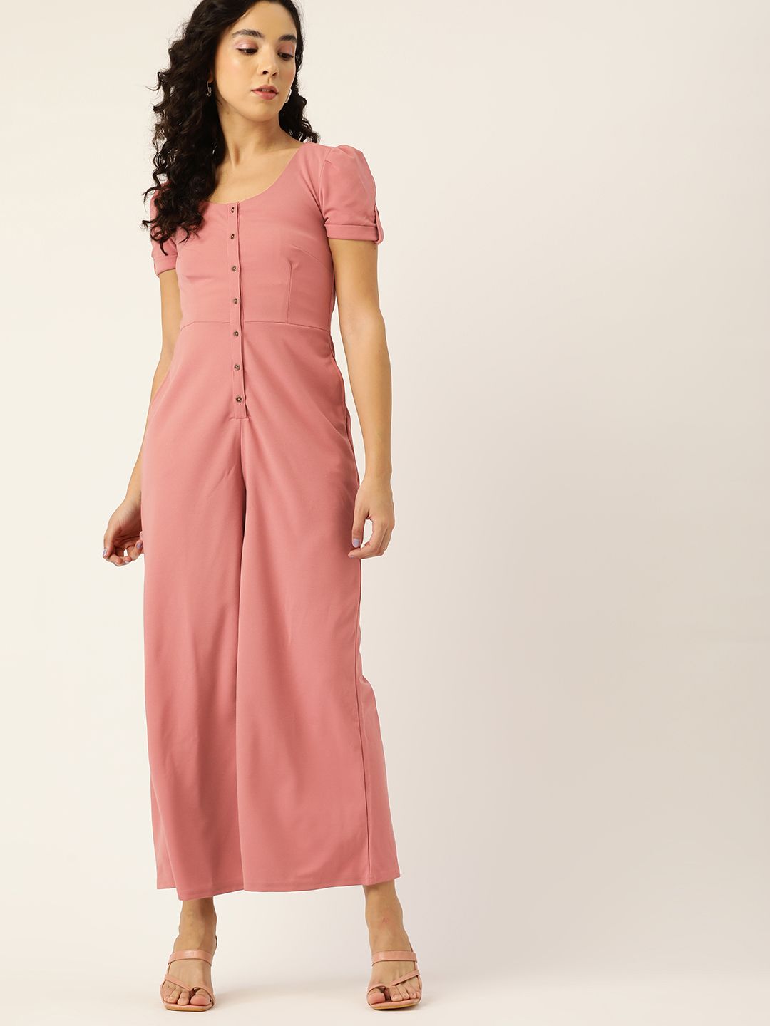 DressBerry Dusty Pink Solid Basic Flared Jumpsuit Price in India