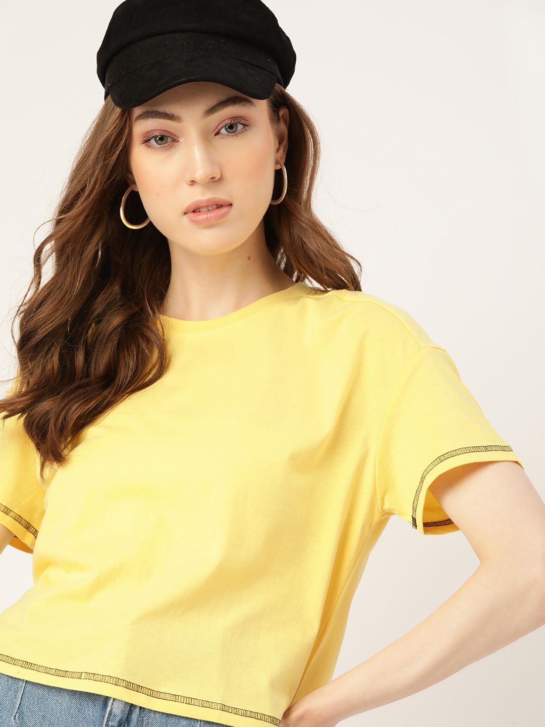 DressBerry Women Yellow Cotton Solid T-shirt