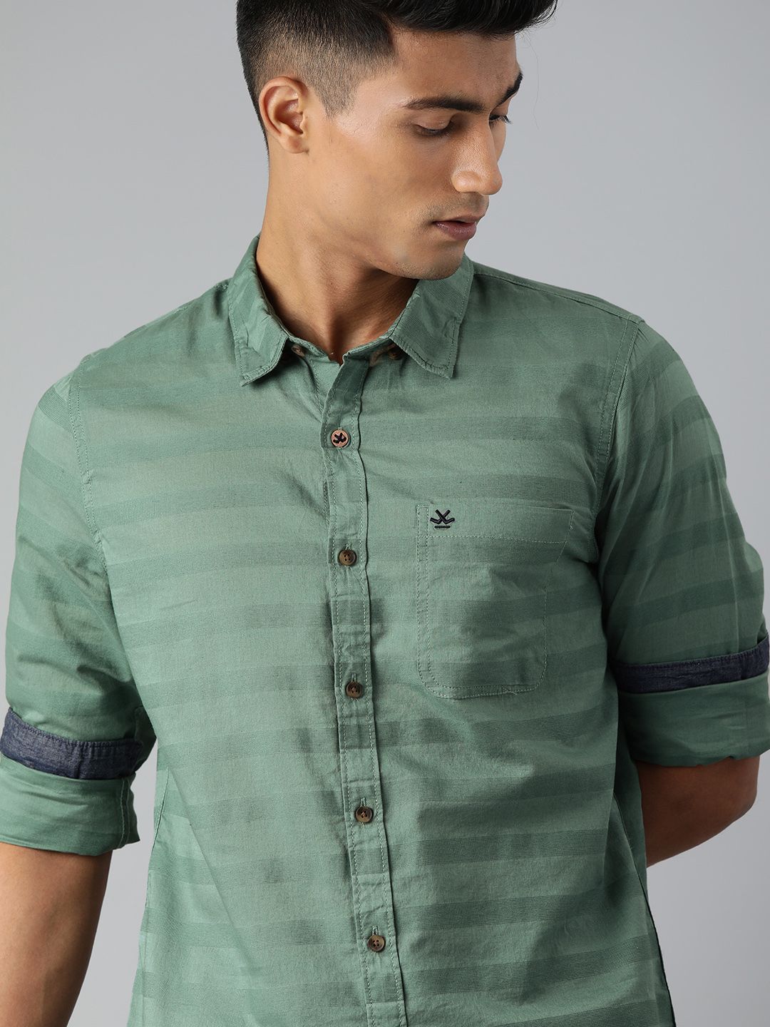 WROGN Men Green Slim Fit Horizontal Striped Casual Shirt