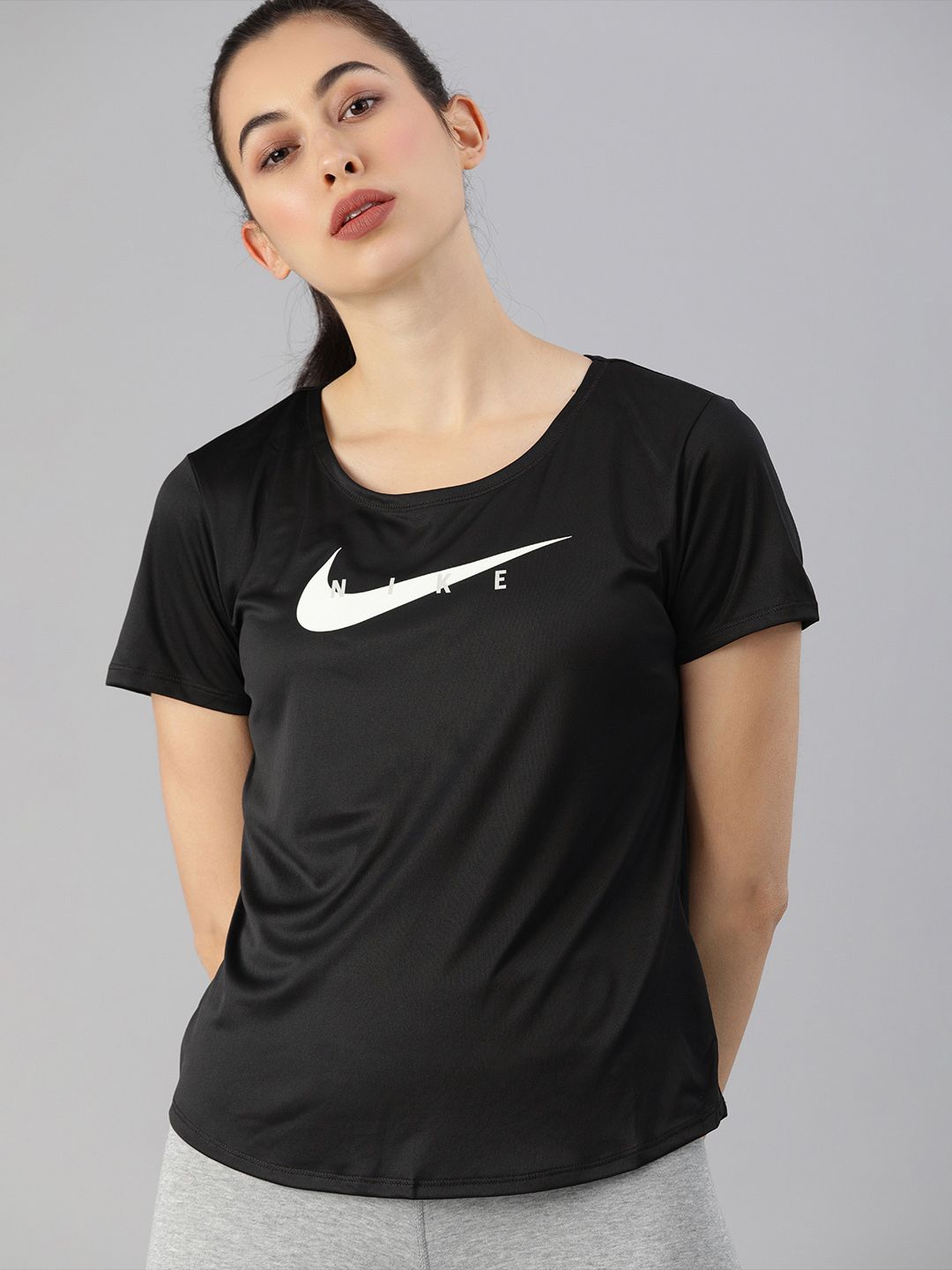 Nike Women Black & White Brand Logo Swoosh Print Running T-shirt