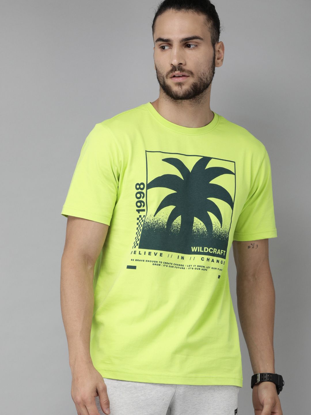 Wildcraft Men Lime Green Printed Round Neck Pure Cotton T-shirt