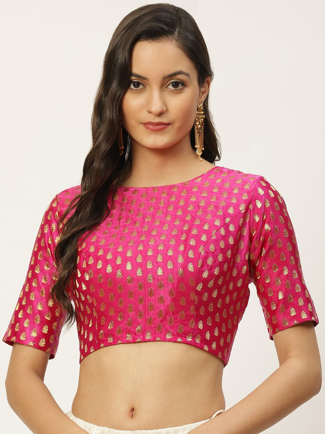 Studio Shringaar Pink & Golden Brocade Self Design Readymade Saree Blouse Price in India
