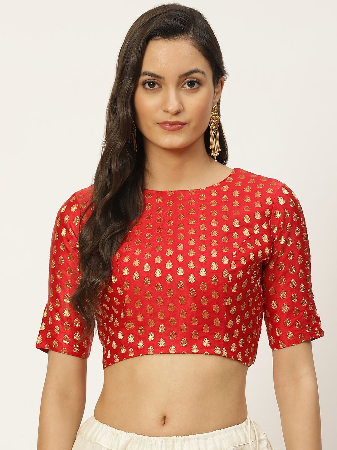 Studio Shringaar Red & Golden Brocade Self Design Readymade Saree Blouse Price in India