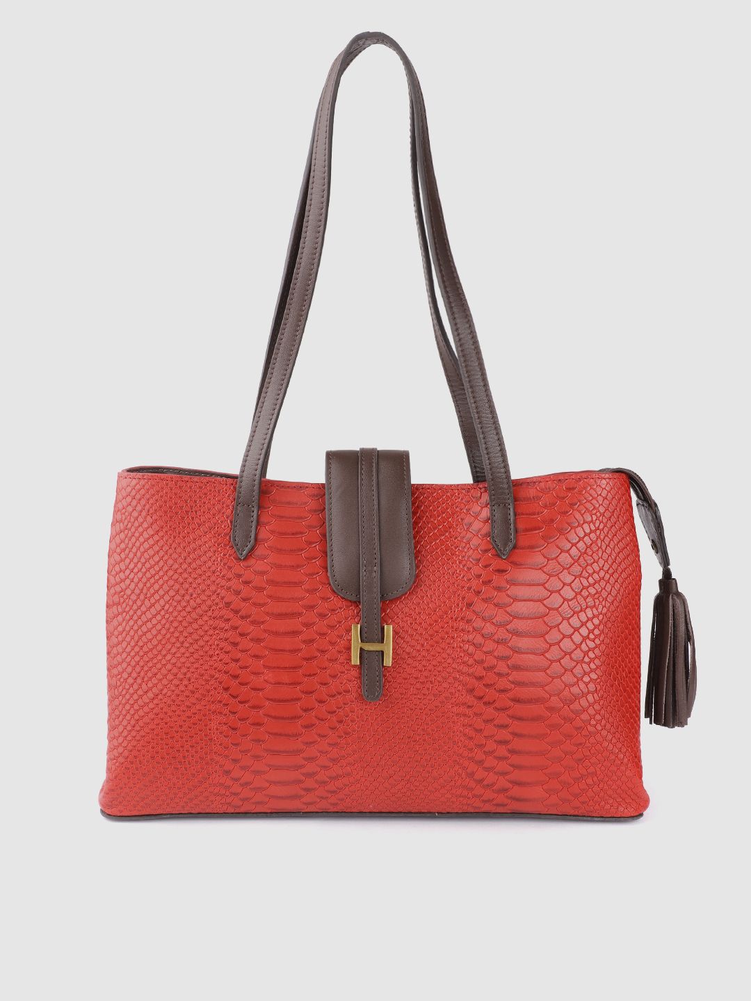 Hidesign Red & Coffee Brown Handcrafted Snakeskin Textured Leather Structured Shoulder Bag Price in India