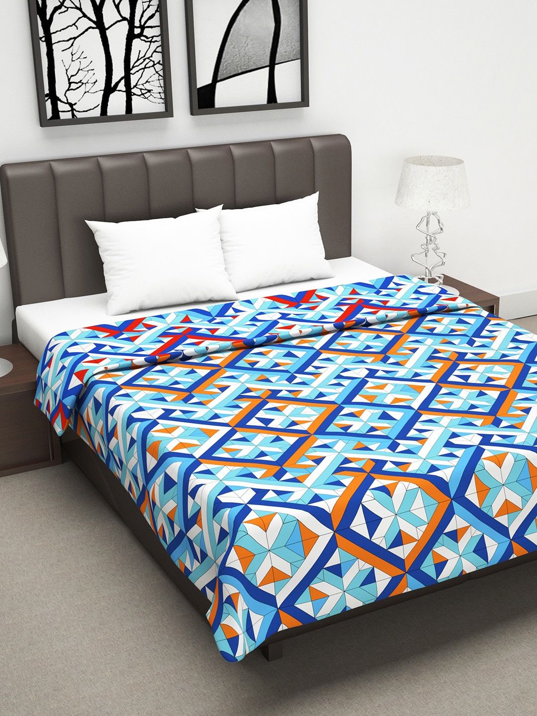 Divine Casa Blue & Orange Geometric AC Room 120 GSM Double Bed Dohar Price in India