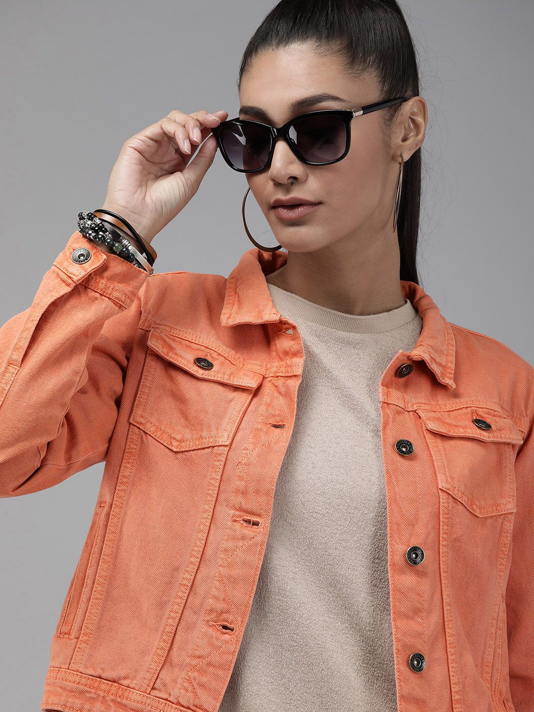 Roadster Women Coral Orange Solid Denim Jacket Price in India