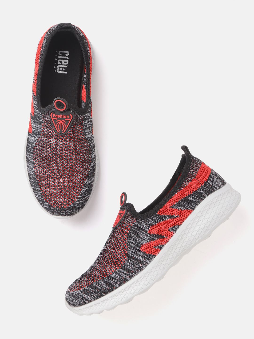 Crew STREET Women Charcoal Grey & Red Woven Design Walking Shoes Price in India