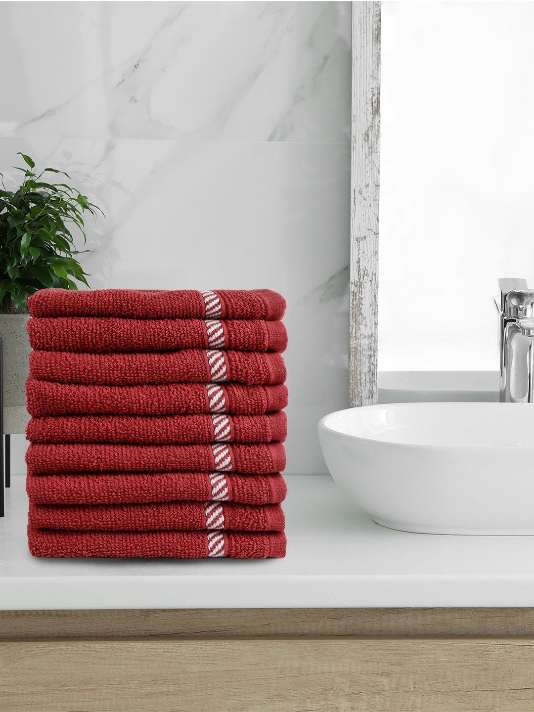 Trident Set of 9 Red Solid 380 GSM Face Towels Price in India