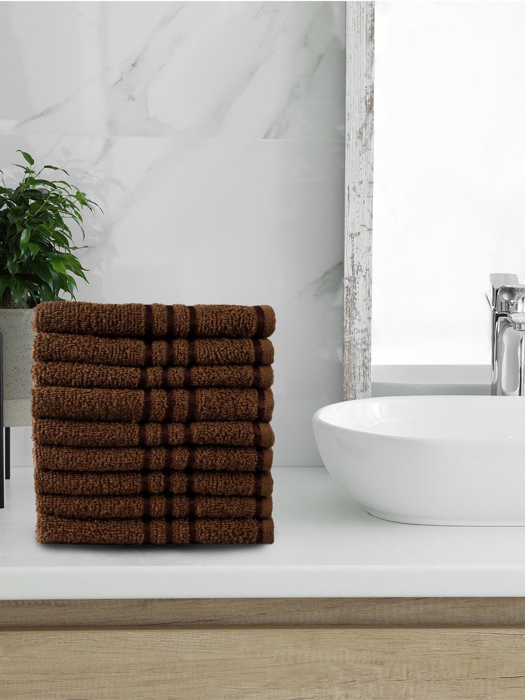 Trident Set of 9 Brown Striped 380 GSM Face Towels Price in India