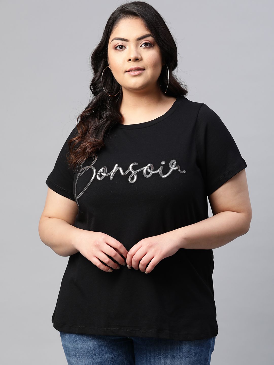 DOROTHY PERKINS Women Curve Black Embellished Round Neck T-shirt