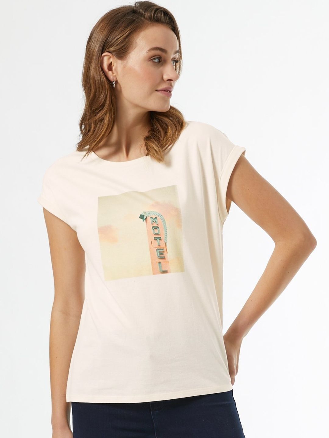 DOROTHY PERKINS Women Off-White Pure Cotton Printed Round Neck T-shirt