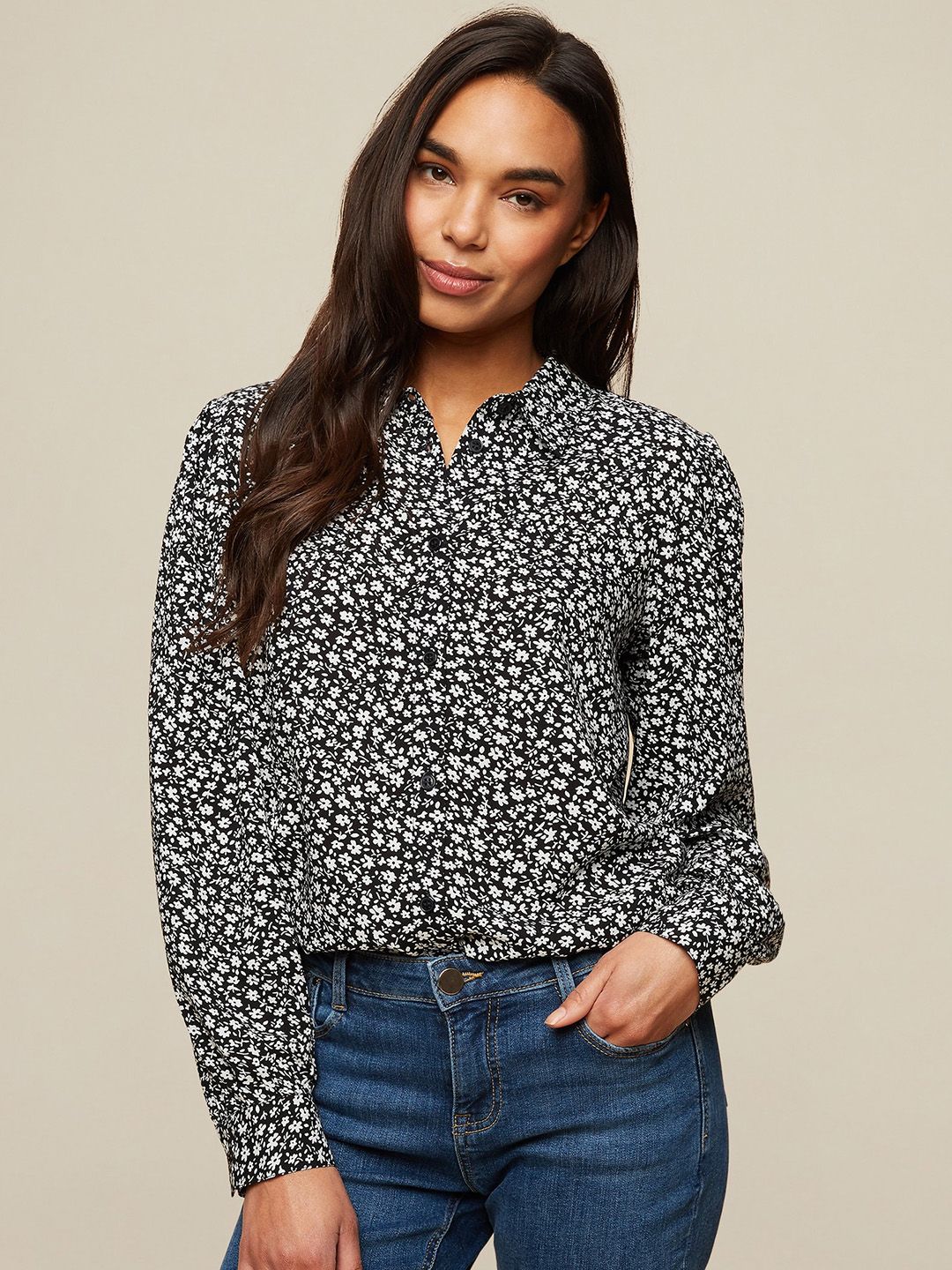 DOROTHY PERKINS Women Black & White Regular Fit Printed Casual Shirt