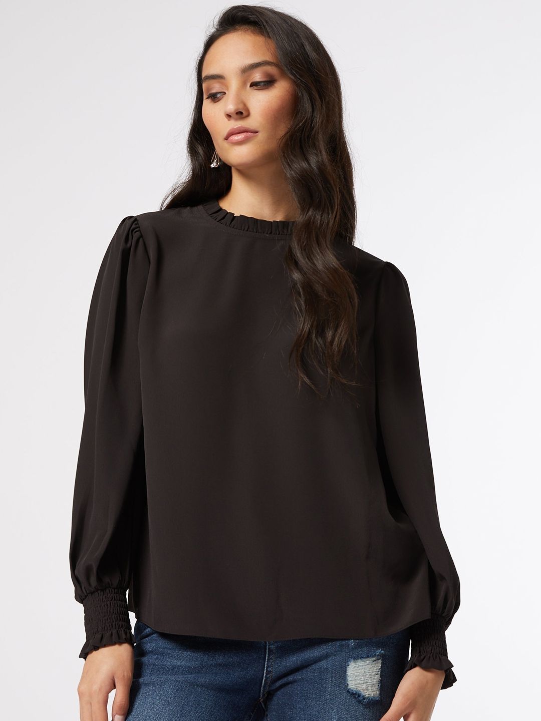 DOROTHY PERKINS Petite Black Puff Sleeves Solid Top