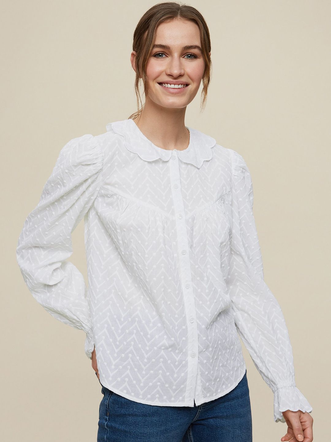 DOROTHY PERKINS Off-White Pure Cotton Embroidered Peter Pan Collar Puff Sleeves Top