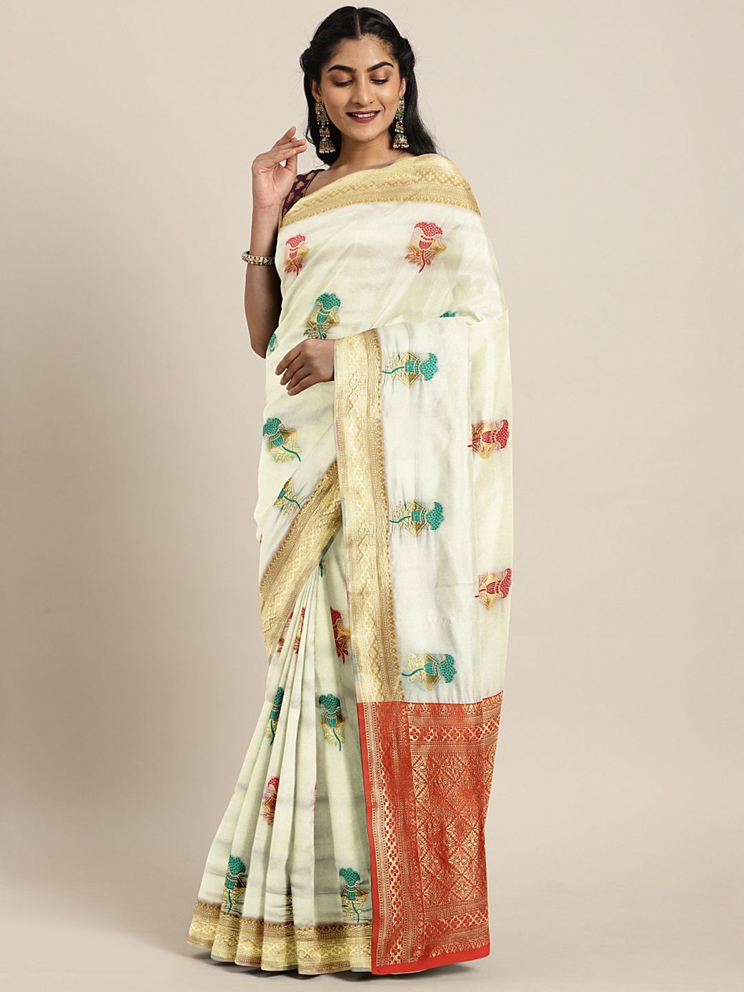 KALINI White Pure Silk Woven Design Kasavu Saree