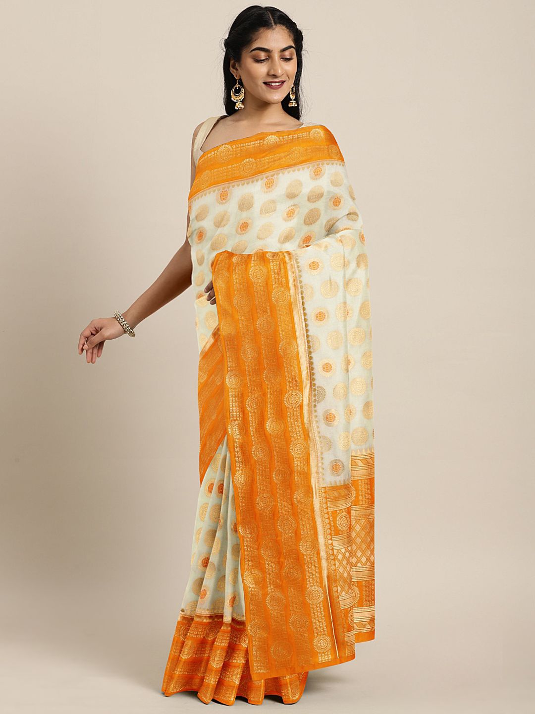 KALINI Off-White & Mustard Yellow Pure Silk Woven Design Kasavu Saree