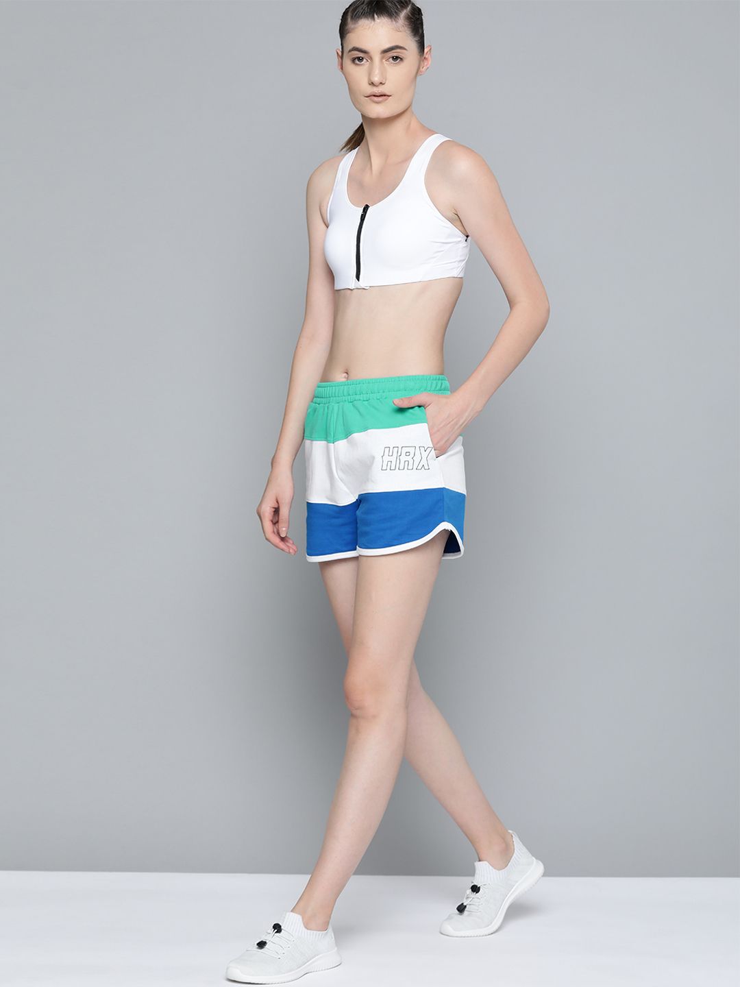 HRX By Hrithik Roshan Women Pool Green,Optic White,Strong Blue Colourblock Regular Fit Bio-Wash Lifestyle Shorts Price in India