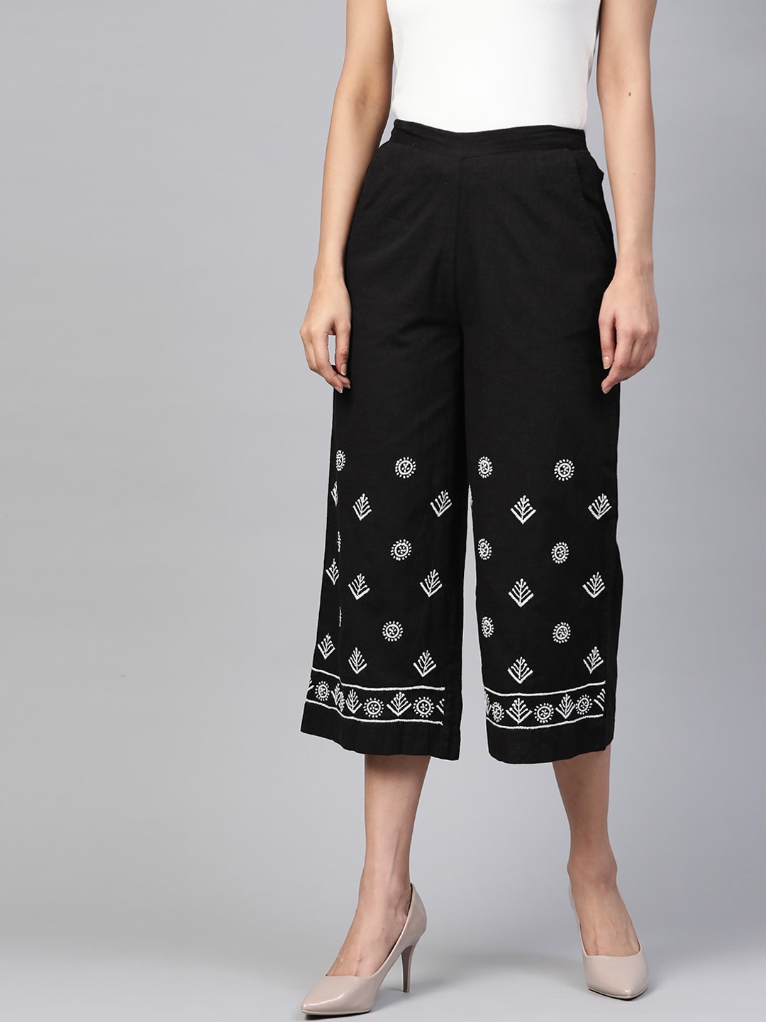 Fabindia Women Black & White Embroidered Cotton Straight Cropped Palazzos Price in India
