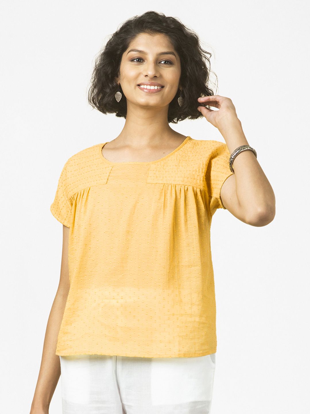 Fabindia Yellow Pure Cotton Dobby Self-Design Top