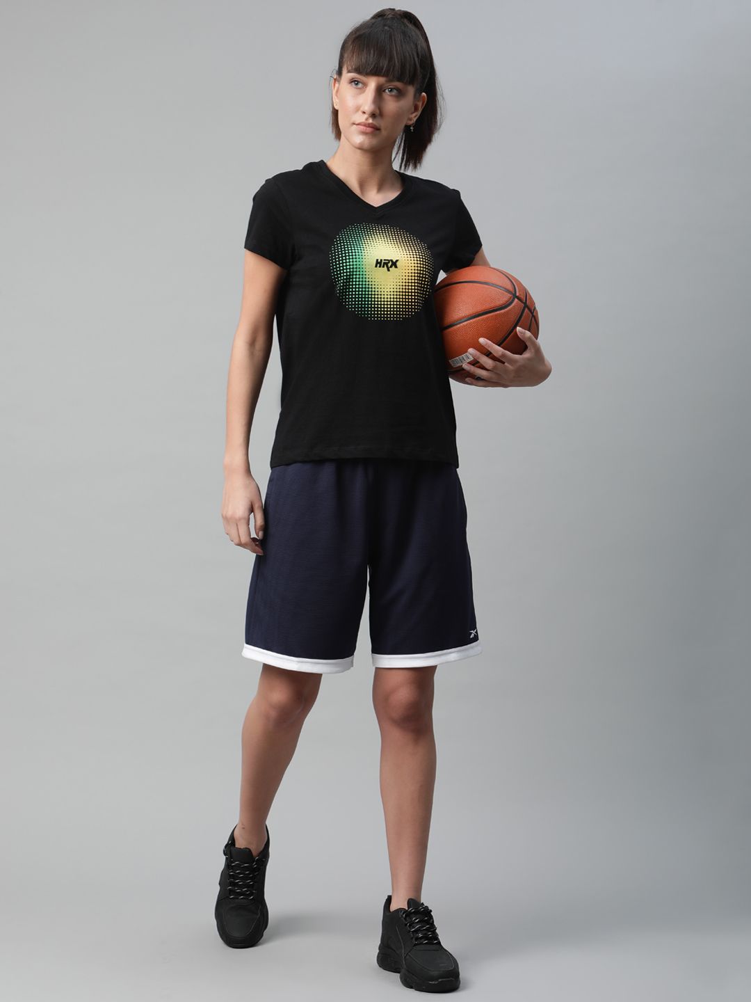 HRX By Hrithik Roshan Women Black Graphic Print Bio-Wash Basketball Pure Cotton T-shirt Price in India