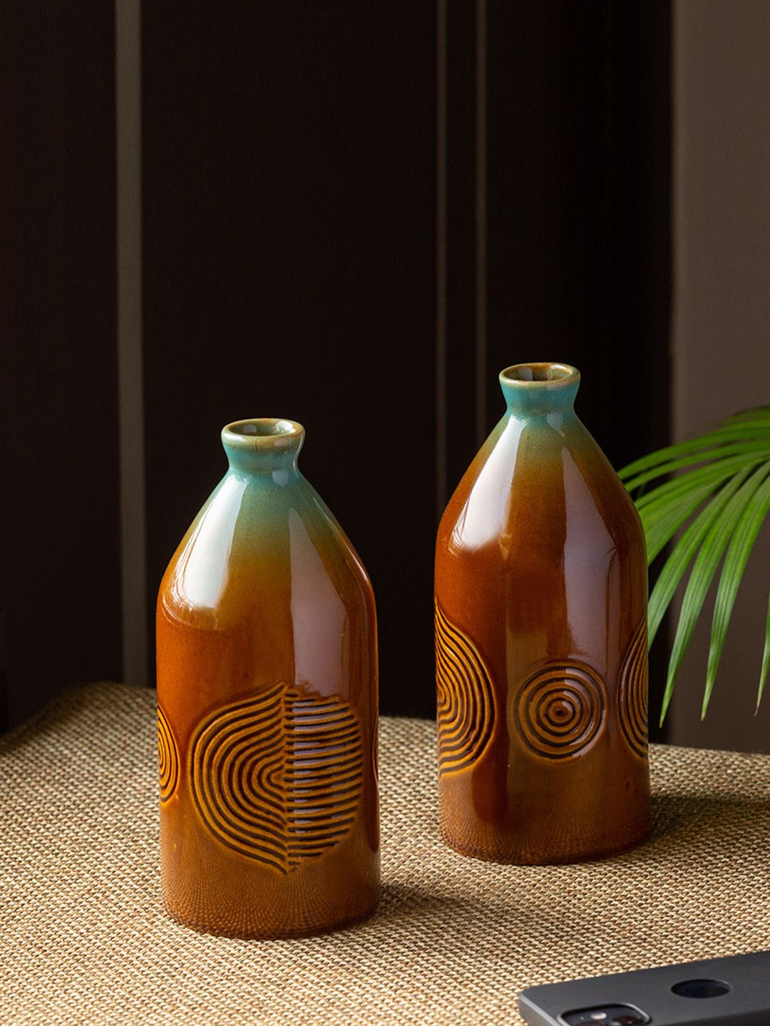 ExclusiveLane Set of 2 Brown & Sea Green Hand-Engraved Ceramic Vases Price in India