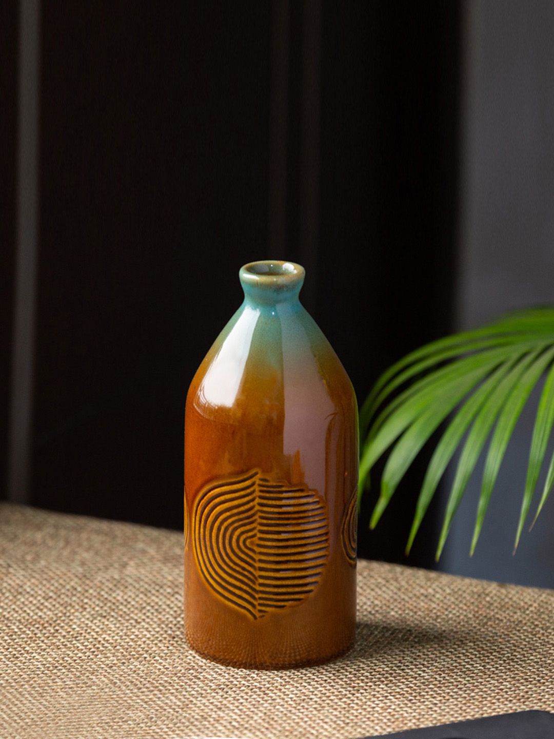 ExclusiveLane Brown & Sea Green Hand-Engraved Ceramic Vase Price in India