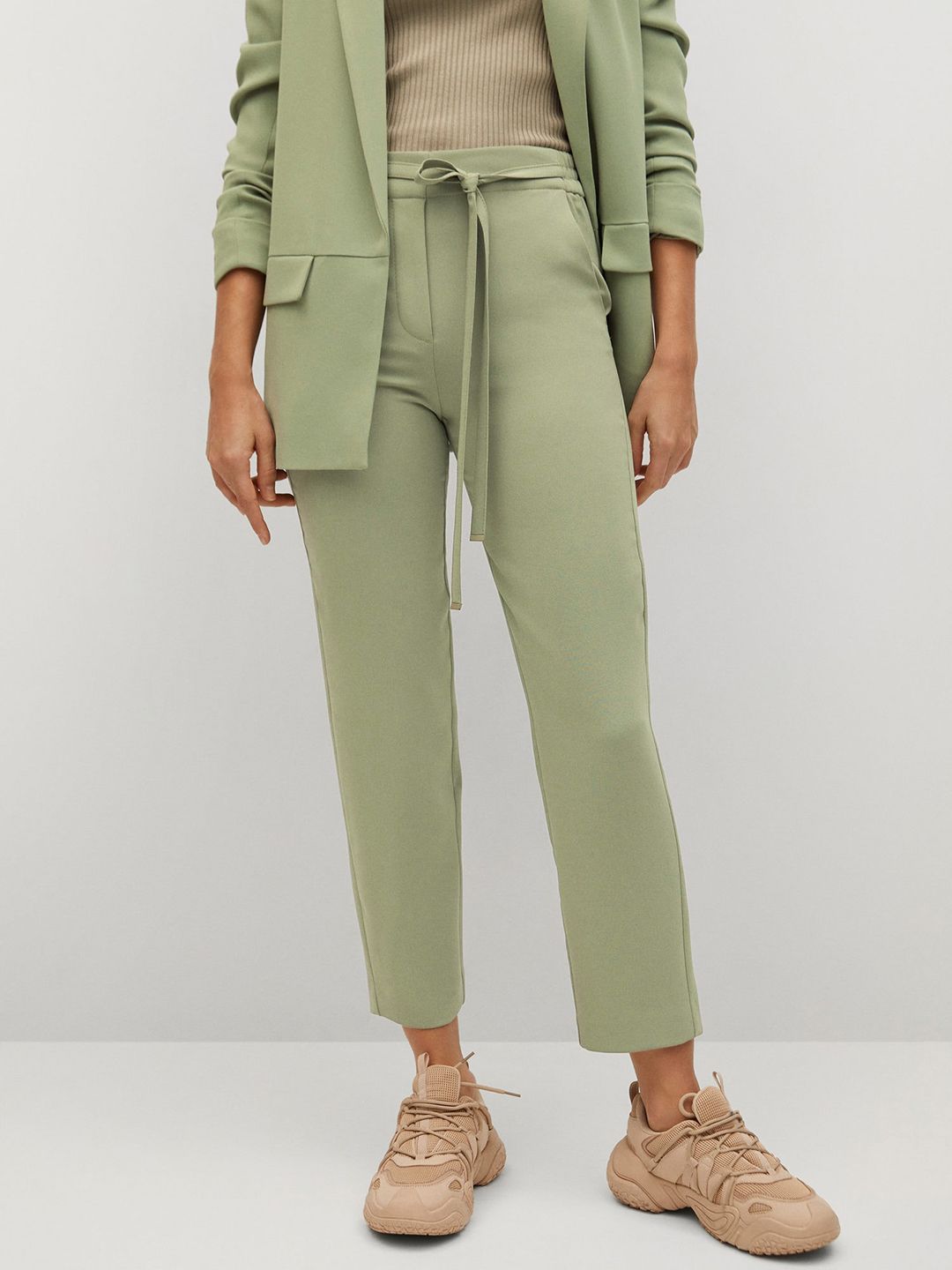 MANGO Women Green Solid Regular Fit Sustainable Trousers